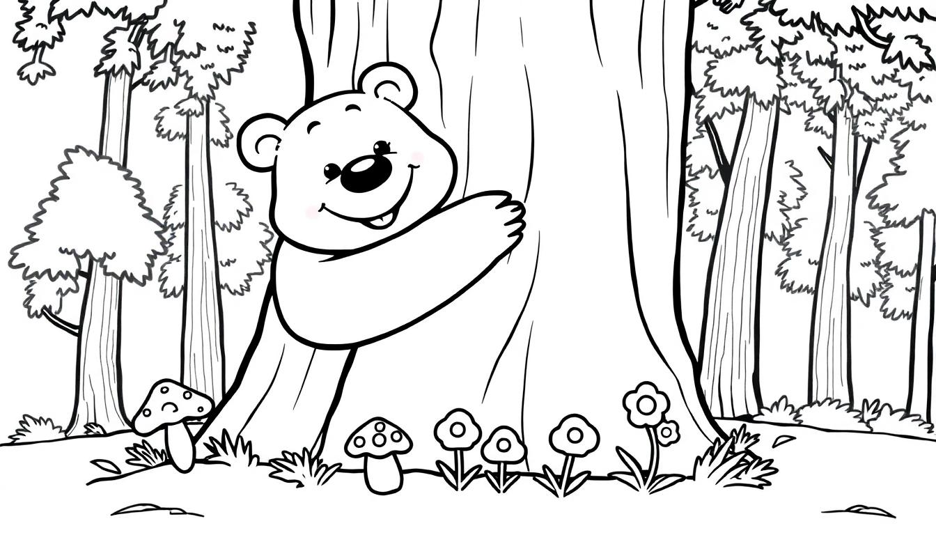 Ein freundlicher Bär umarmt einen großen Baum im Wald, schwarz-weiß Farbtafel.