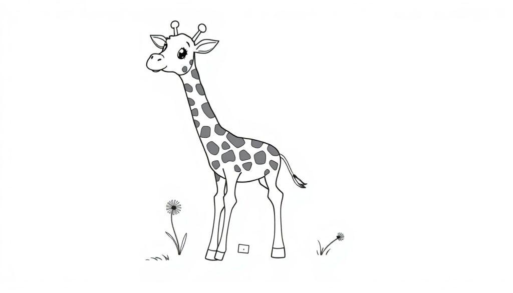 Schwarz-weiße Farbtafel einer Cartoon-Giraffe mit langen Beinen auf einer Wiese.