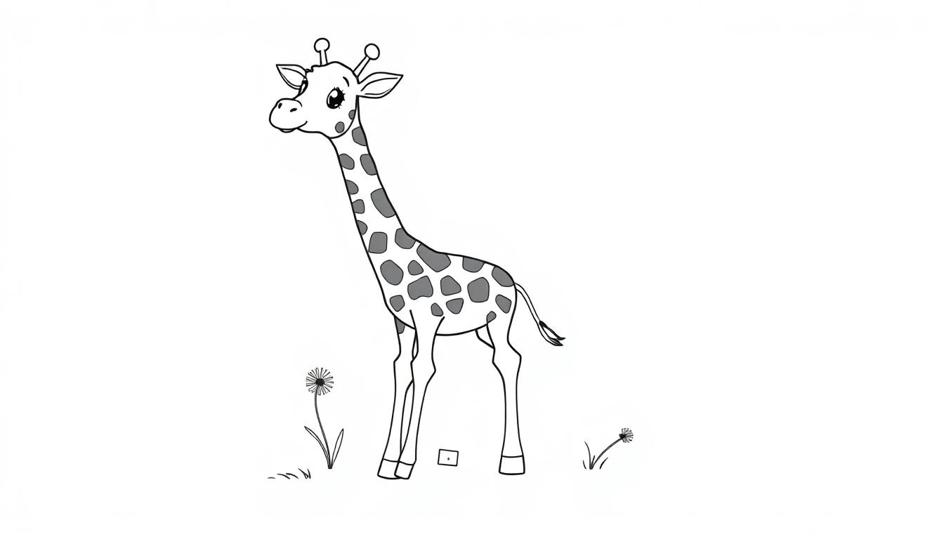 Schwarz-weiße Farbtafel einer Cartoon-Giraffe mit langen Beinen auf einer Wiese.