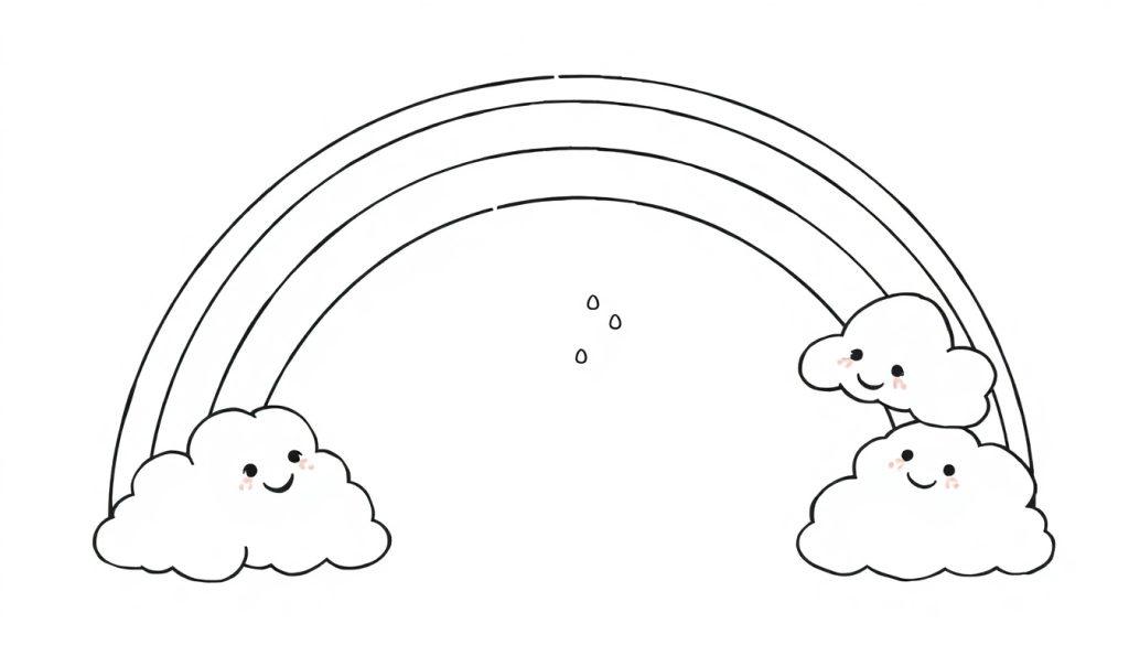 Schwarz-weiße Farbtafel: Ein Cartoon-Regenbogen mit lächelnden Wolken und Regentropfen.