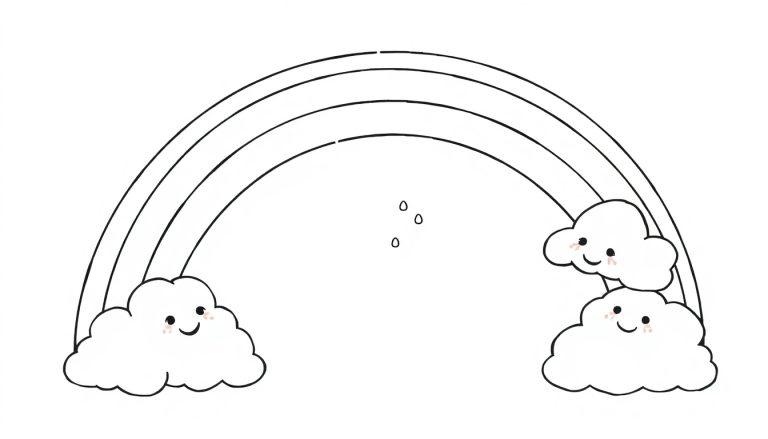 Schwarz-weiße Farbtafel: Ein Cartoon-Regenbogen mit lächelnden Wolken und Regentropfen.