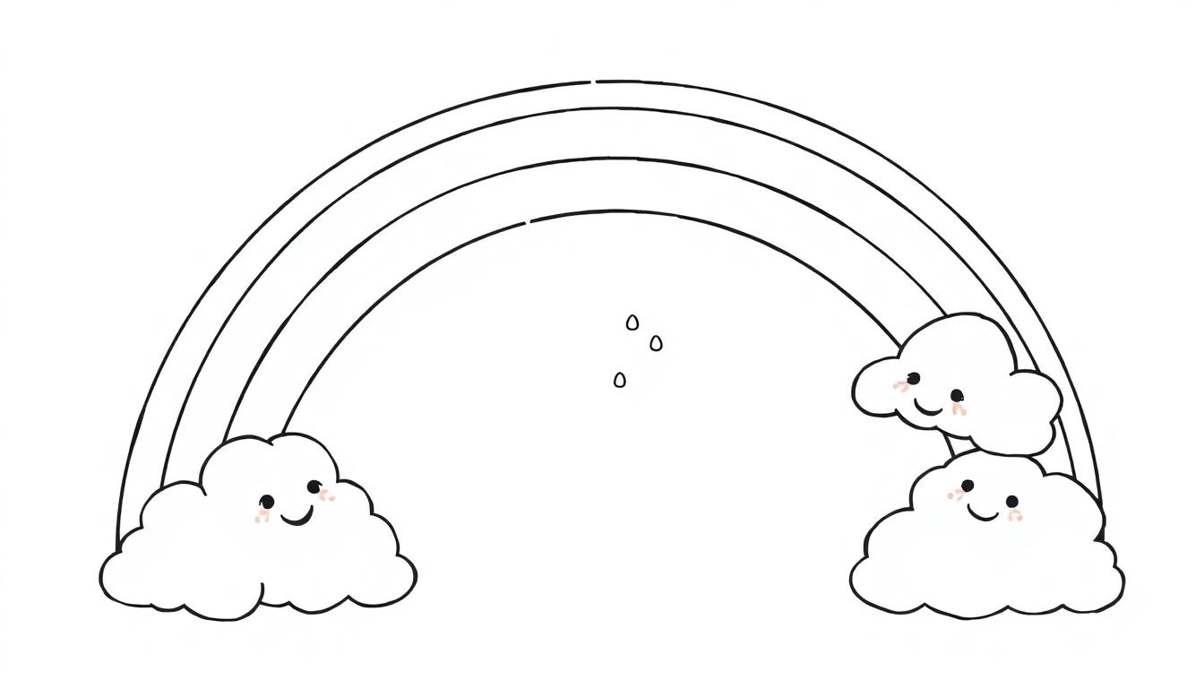 Schwarz-weiße Farbtafel: Ein Cartoon-Regenbogen mit lächelnden Wolken und Regentropfen.