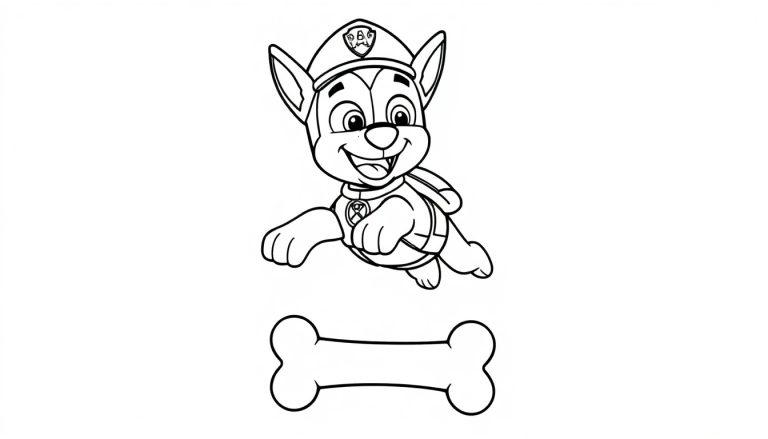 Chase von Paw Patrol als Farbtafel mit einem Knochen darunter.