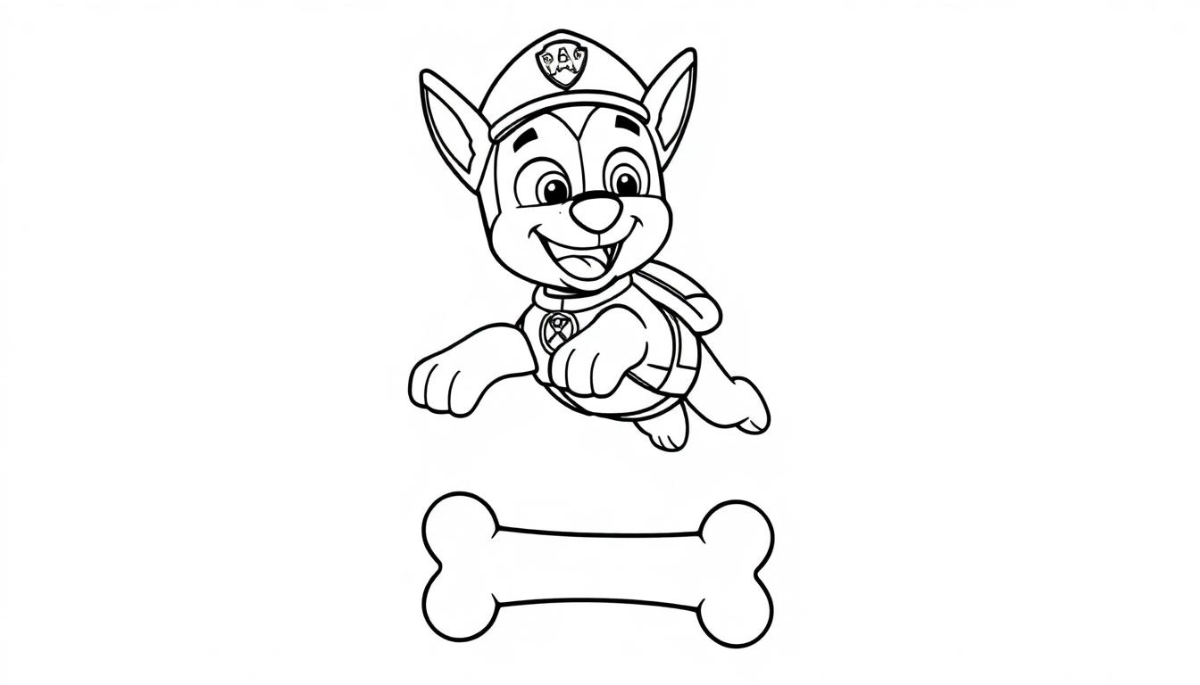 Chase von Paw Patrol als Farbtafel mit einem Knochen darunter.