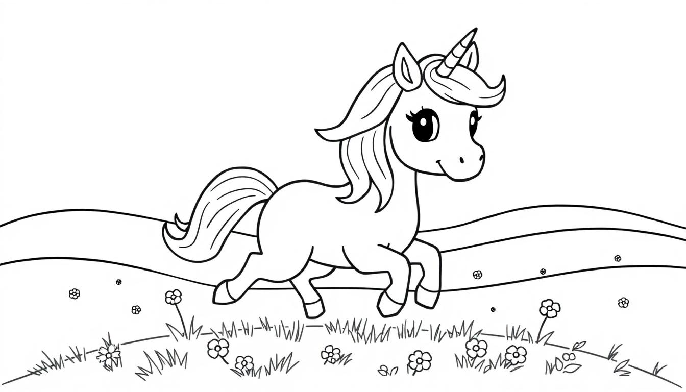 Schwarz-Weiß-Farbtafel: Ein niedliches Chibi-Einhorn galoppiert über eine Regenbogenwiese.