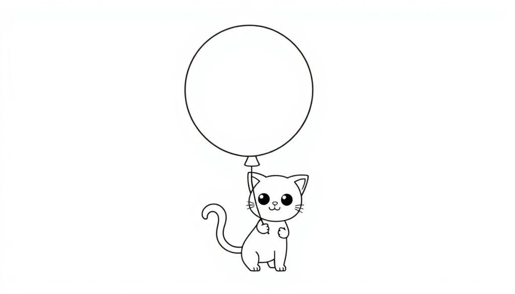 Schwarz-weiße Farbtafel einer niedlichen Chibi-Katze, die einen großen Ballon hält.
