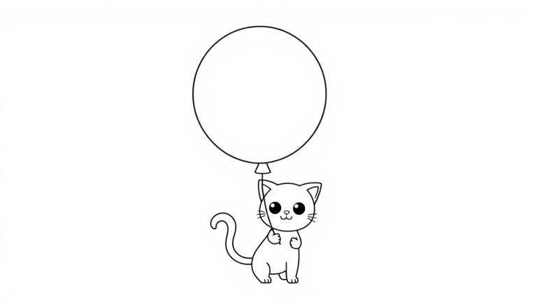 Schwarz-weiße Farbtafel einer niedlichen Chibi-Katze, die einen großen Ballon hält.