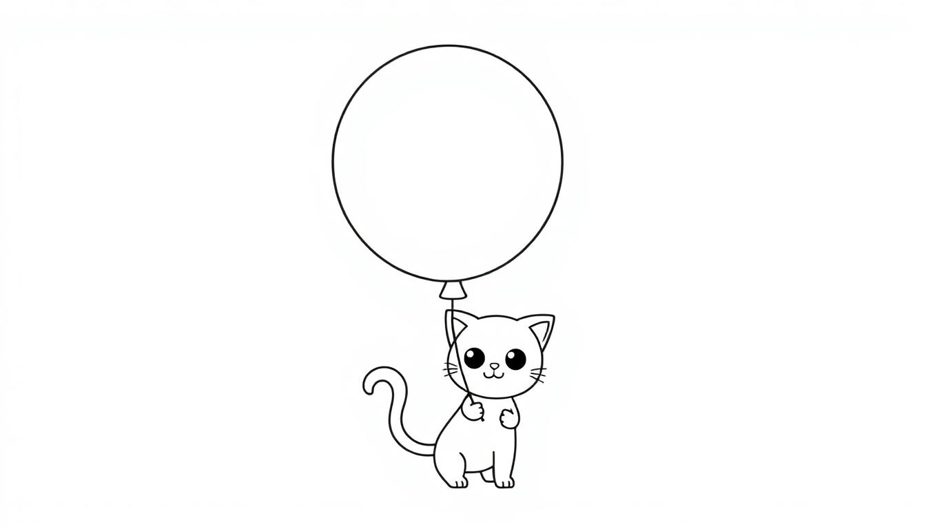 Schwarz-weiße Farbtafel einer niedlichen Chibi-Katze, die einen großen Ballon hält.