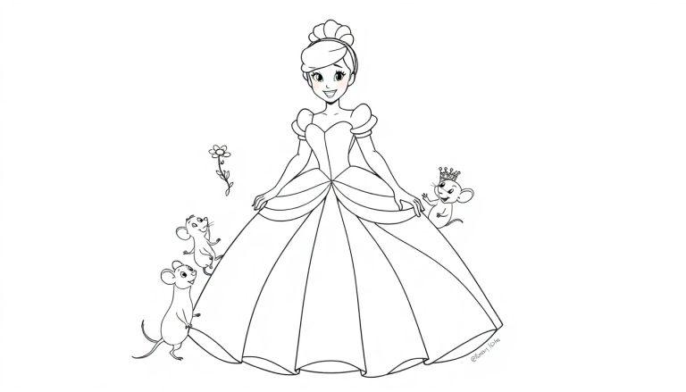 Eine Farbtafel-Illustration von Cinderella und ihren Mausfreunden, bereit zum Ausmalen.