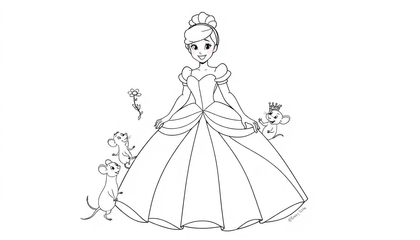 Eine Farbtafel-Illustration von Cinderella und ihren Mausfreunden, bereit zum Ausmalen.