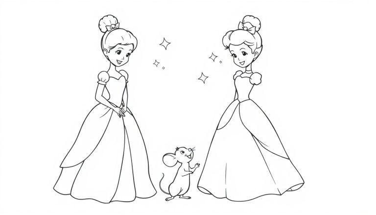 Cinderella-ähnliche Mädchen in Ballkleidern mit einem Zeichentrick-Maus-Freund als Farbtafel-Vorlage.
