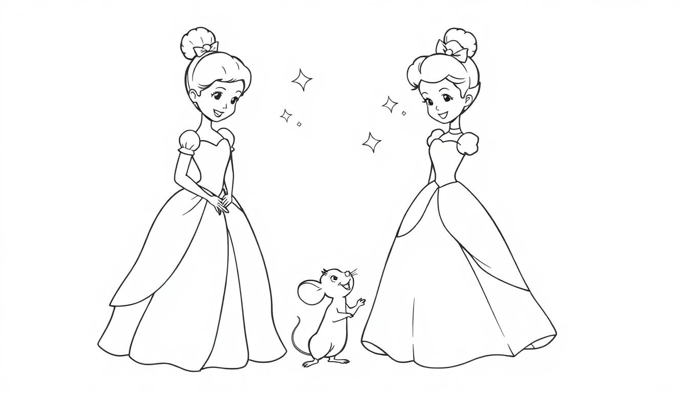 Cinderella-ähnliche Mädchen in Ballkleidern mit einem Zeichentrick-Maus-Freund als Farbtafel-Vorlage.