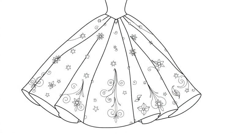 Cinderellas Ballkleid-Farbtafel als Umrisszeichnung, verziert mit Blumen, Sternen und wirbelnden Mustern zum Ausmalen.