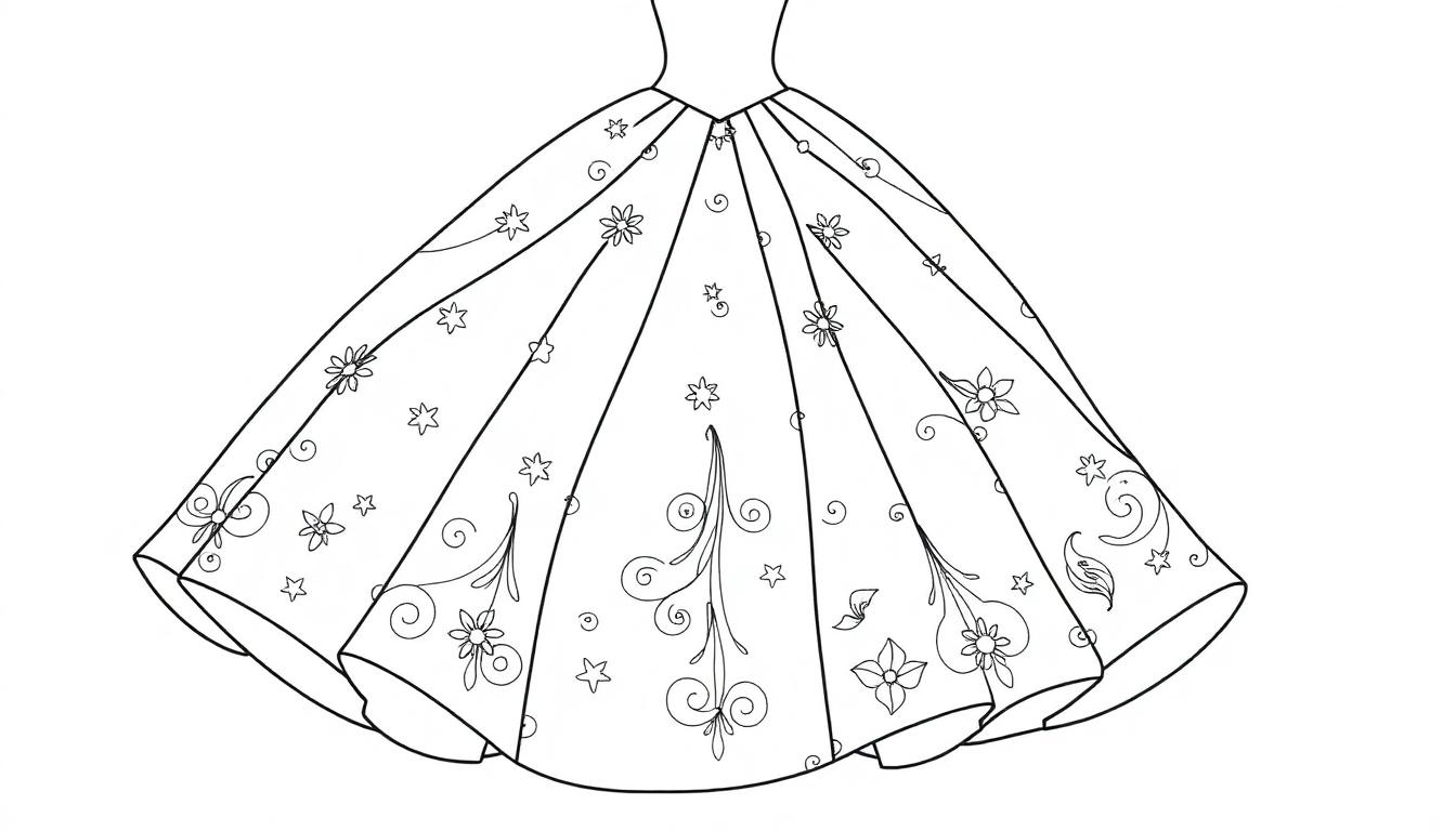 Cinderellas Ballkleid-Farbtafel als Umrisszeichnung, verziert mit Blumen, Sternen und wirbelnden Mustern zum Ausmalen.