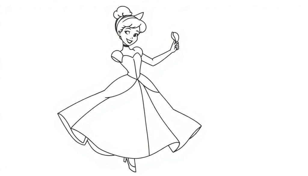 Cinderella in ihrem Ballkleid, eine Schwarz-Weiß-Farbtafel-Zeichnung, hält einen kleinen Glitzer-Splitter.