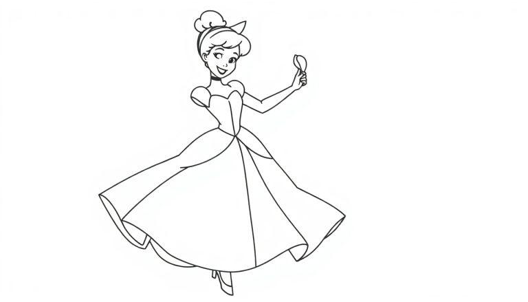 Cinderella in ihrem Ballkleid, eine Schwarz-Weiß-Farbtafel-Zeichnung, hält einen kleinen Glitzer-Splitter.