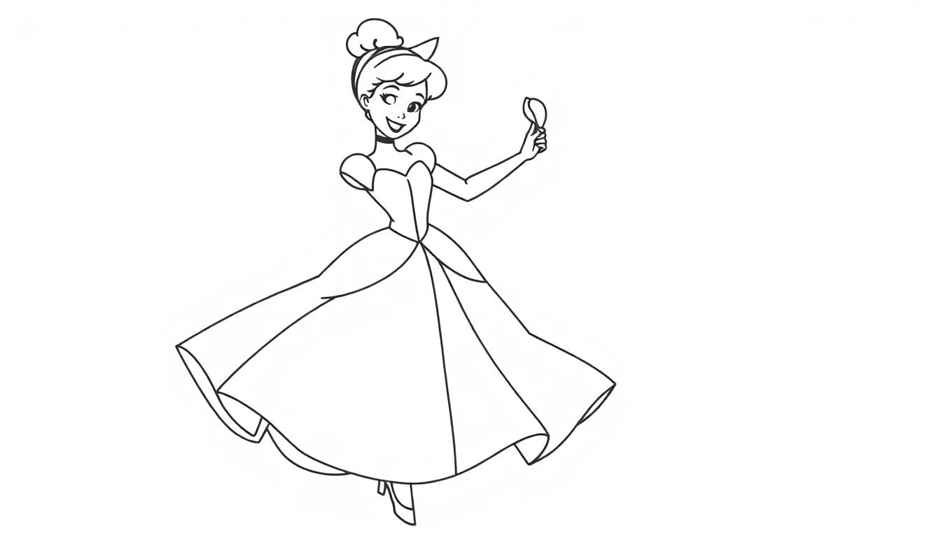 Cinderella in ihrem Ballkleid, eine Schwarz-Weiß-Farbtafel-Zeichnung, hält einen kleinen Glitzer-Splitter.