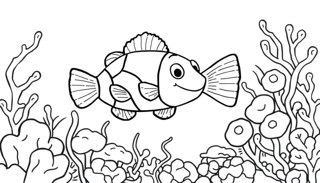 Schwarz-Weiß-Farbtafel eines freundlichen Clownfisches zwischen Korallen.