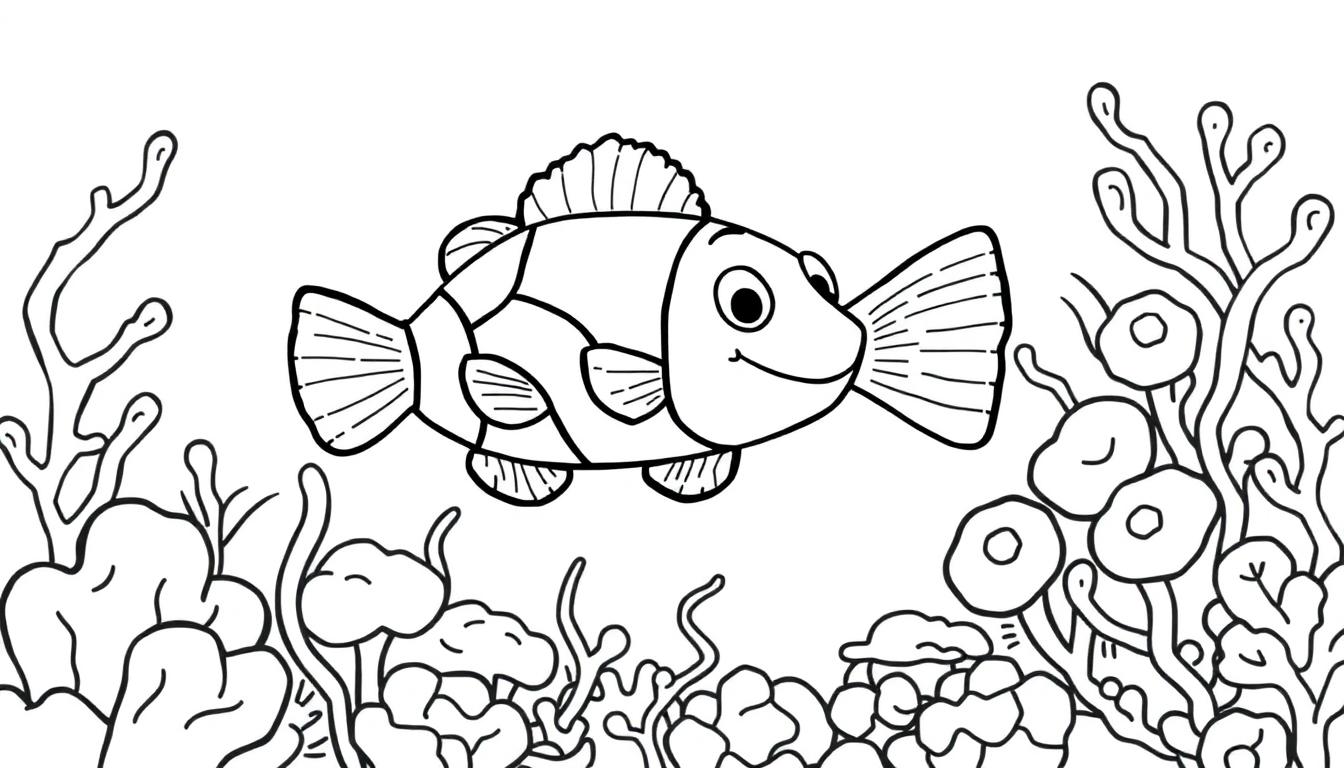Schwarz-Weiß-Farbtafel eines freundlichen Clownfisches zwischen Korallen.