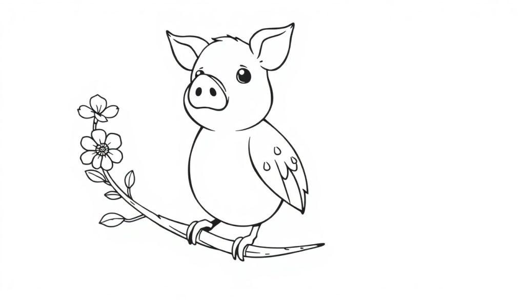 Eine Schwarz-Weiß-Zeichnung eines stilisierten Schweins mit Vogelform, Pandaflecken und Schweineohren und -schnauze, das auf einem Ast sitzt.