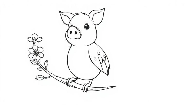 Eine Schwarz-Weiß-Zeichnung eines stilisierten Schweins mit Vogelform, Pandaflecken und Schweineohren und -schnauze, das auf einem Ast sitzt.