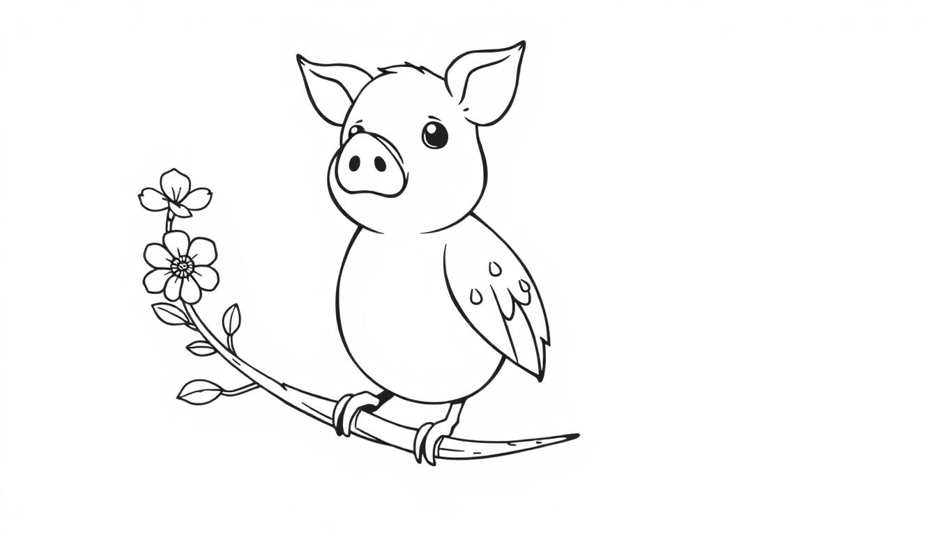 Eine Schwarz-Weiß-Zeichnung eines stilisierten Schweins mit Vogelform, Pandaflecken und Schweineohren und -schnauze, das auf einem Ast sitzt.