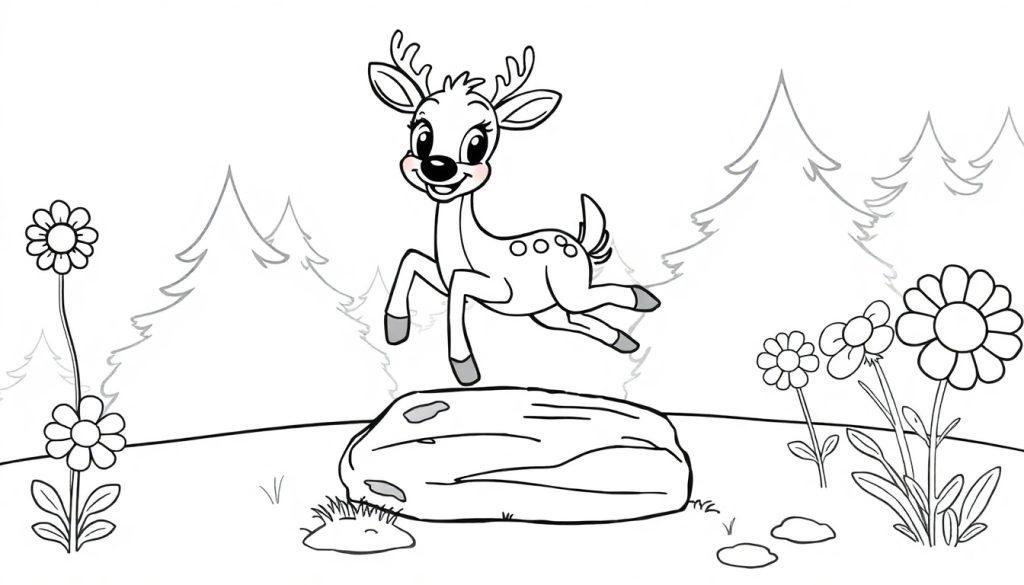 Ein fröhliches Rehkitz springt über einen Felsen in einem stilisierten Wald.