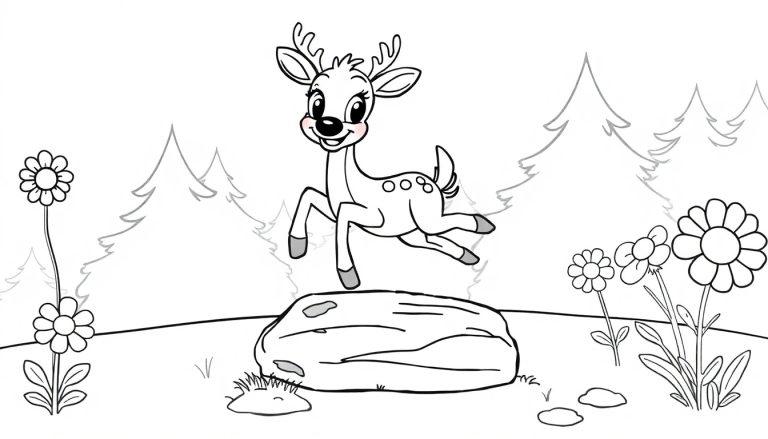 Ein fröhliches Rehkitz springt über einen Felsen in einem stilisierten Wald.