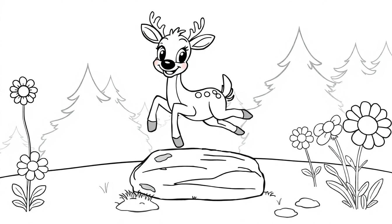 Ein fröhliches Rehkitz springt über einen Felsen in einem stilisierten Wald.