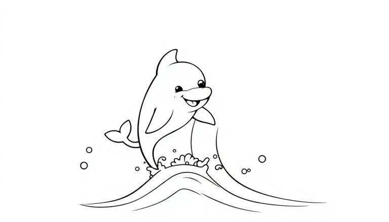 Ein schwarz-weißer Ausmalbild-Delfin springt fröhlich aus dem Wasser, bereit zum Ausmalen – eine wunderbare Farbtafel-Freude!