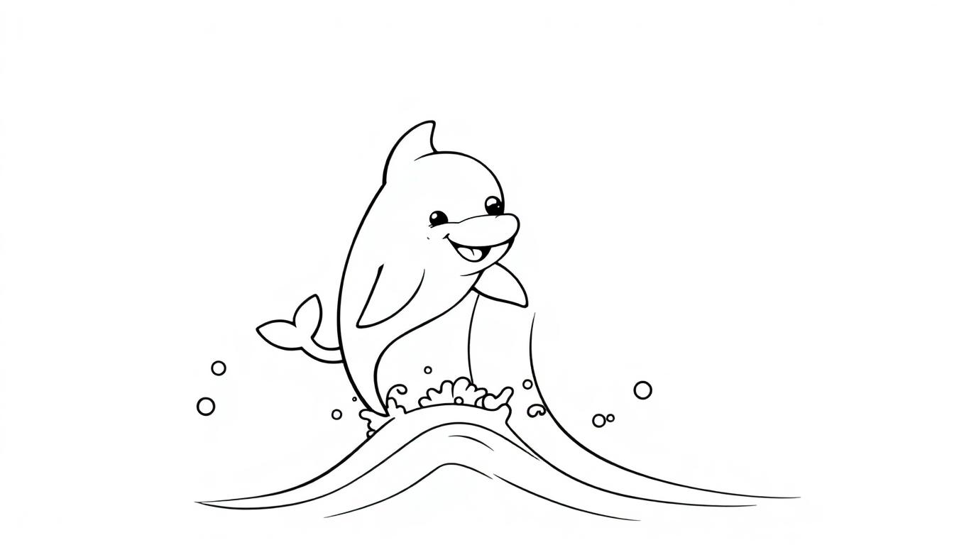 Ein schwarz-weißer Ausmalbild-Delfin springt fröhlich aus dem Wasser, bereit zum Ausmalen – eine wunderbare Farbtafel-Freude!
