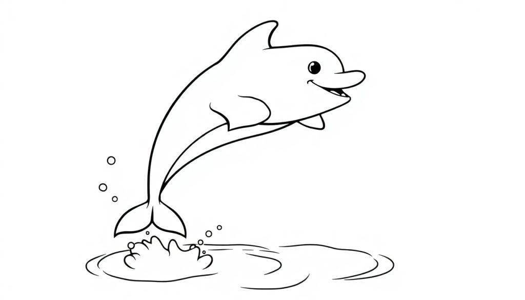 Schwarz-weiß Farbtafel eines lächelnden Delfins, der aus dem Wasser springt.