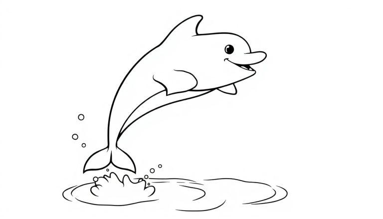 Schwarz-weiß Farbtafel eines lächelnden Delfins, der aus dem Wasser springt.