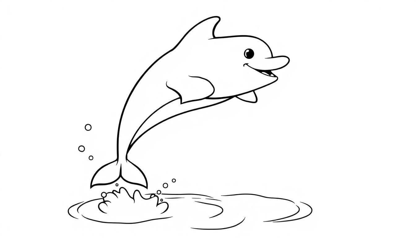 Schwarz-weiß Farbtafel eines lächelnden Delfins, der aus dem Wasser springt.