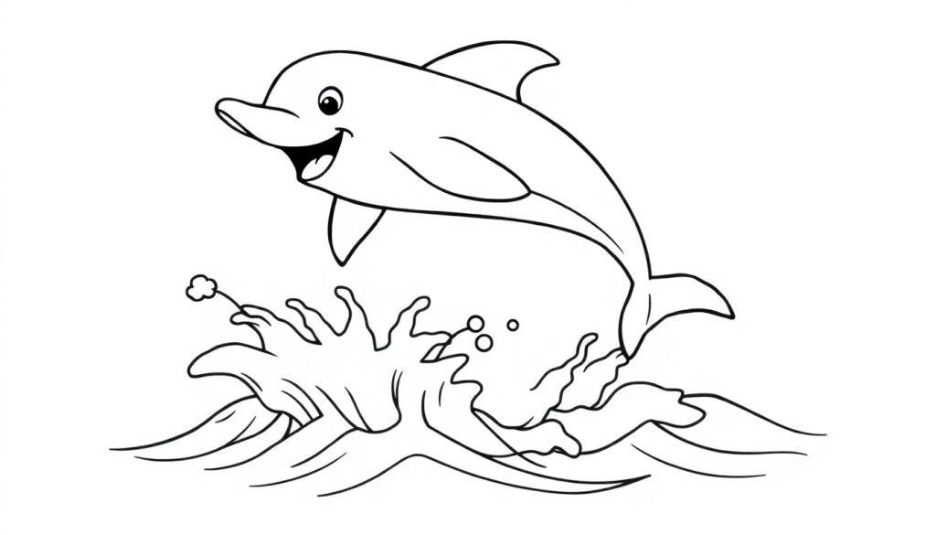 Schwarz-weiße Farbtafel-Zeichnung eines lachenden Delfins, der aus spritzenden Cartoon-Wellen springt.