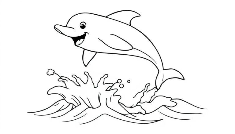 Schwarz-weiße Farbtafel-Zeichnung eines lachenden Delfins, der aus spritzenden Cartoon-Wellen springt.