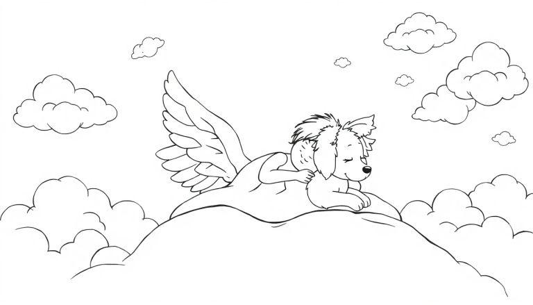 Ein schlafender Cartoon-Hund mit Flügeln auf einer Wolke.