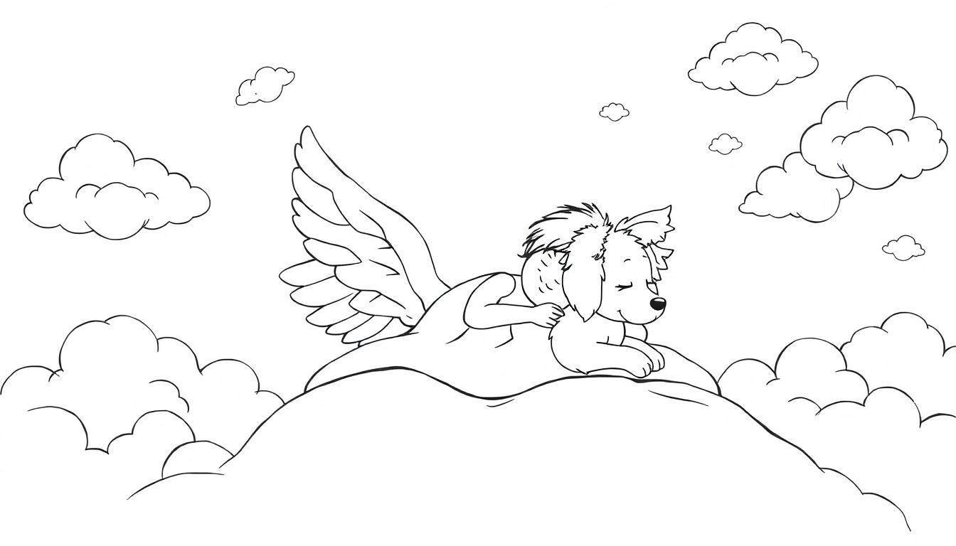 Ein schlafender Cartoon-Hund mit Flügeln auf einer Wolke.