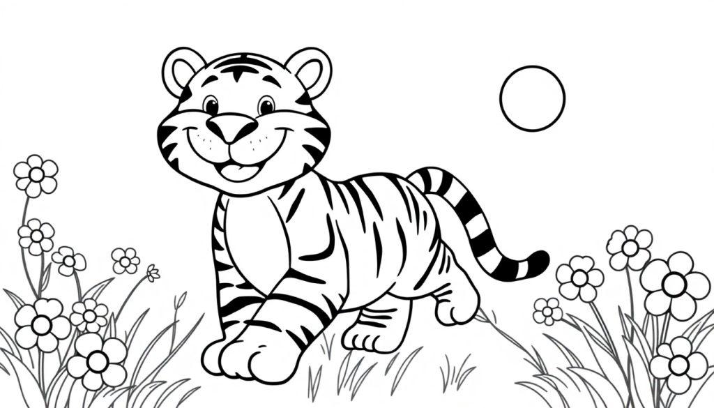 Ein niedlicher, schwarz-weißer Cartoon-Tiger mit Streifen und einem Lächeln, der in einer grünen Wiese voller Blumen steht, mit einem Kreis im Hintergrund.