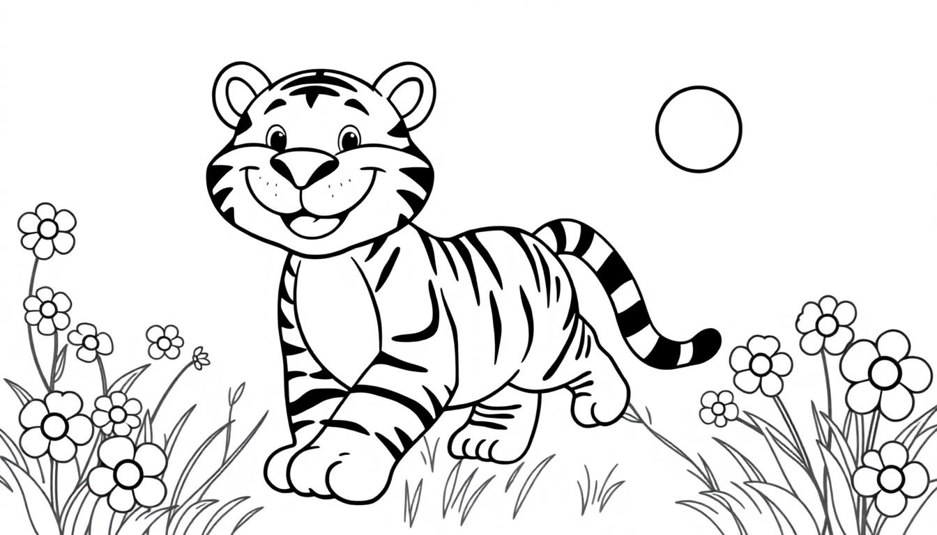 Ein niedlicher, schwarz-weißer Cartoon-Tiger mit Streifen und einem Lächeln, der in einer grünen Wiese voller Blumen steht, mit einem Kreis im Hintergrund.