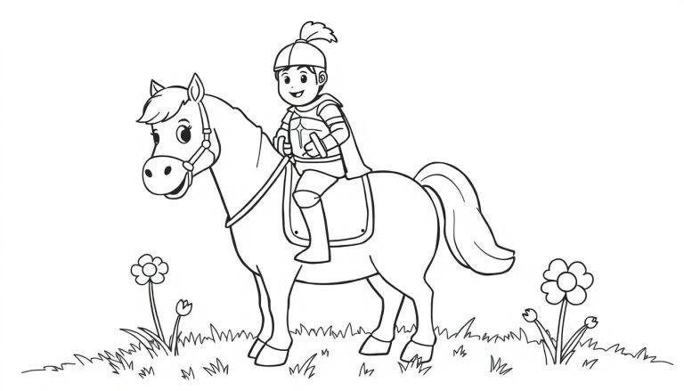 Schwarz-weiße Farbtafel-Zeichnung eines lächelnden Cartoon-Ritters auf einem fröhlichen Cartoon-Pferd in einer Blumenwiese.