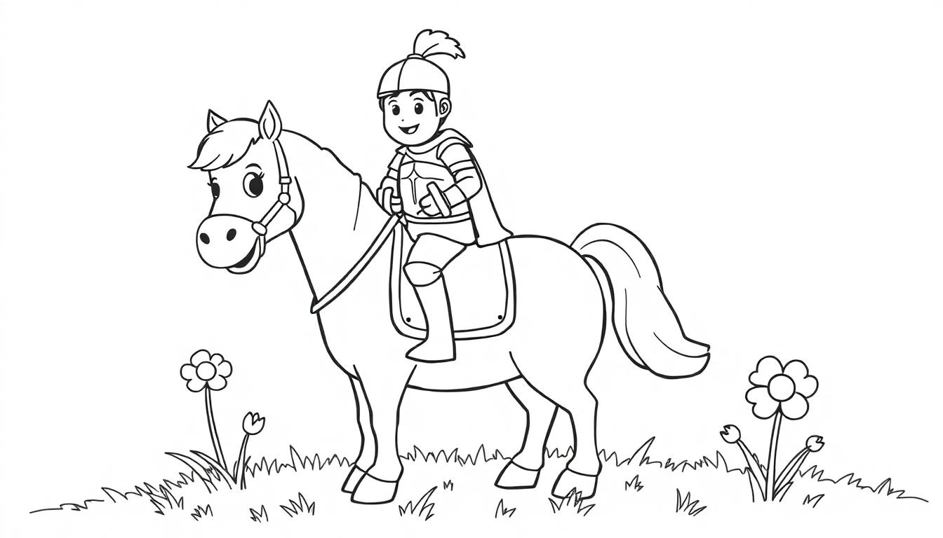 Schwarz-weiße Farbtafel-Zeichnung eines lächelnden Cartoon-Ritters auf einem fröhlichen Cartoon-Pferd in einer Blumenwiese.