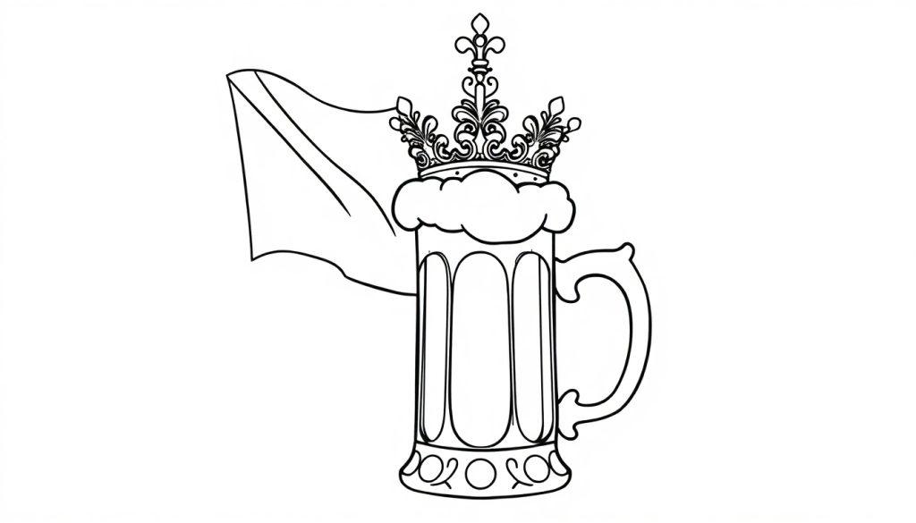 Ein lustiger Bierkrug mit einer Krone, der auf einer Fahne steht.