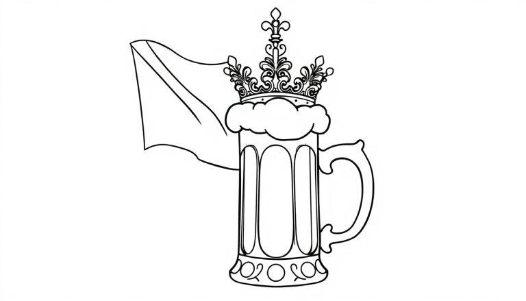 Ein lustiger Bierkrug mit einer Krone, der auf einer Fahne steht.