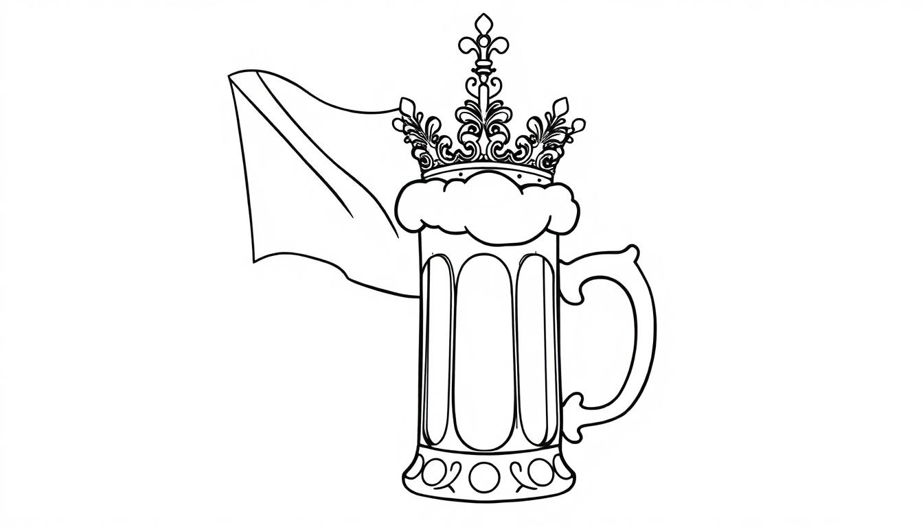 Ein lustiger Bierkrug mit einer Krone, der auf einer Fahne steht.