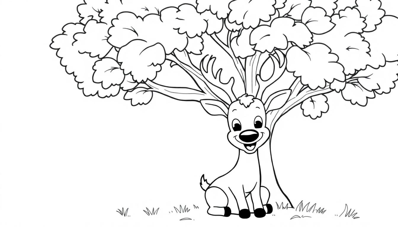 Schwarz-Weiß-Cartoon eines lächelnden Hirsches, der unter einem Baum sitzt.