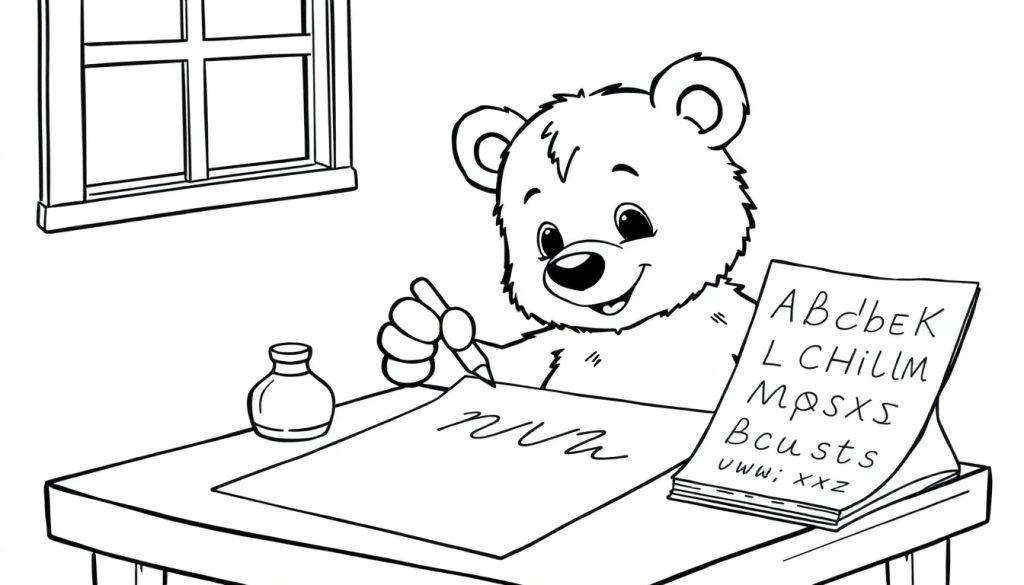 Schwarz-Weiß-Farbtafelzeichnung eines freundlichen Bären, der an einem Tisch sitzt und mit einer Feder schreibt, daneben ein offenes Buch mit Buchstaben und ein Fenster im Hintergrund.