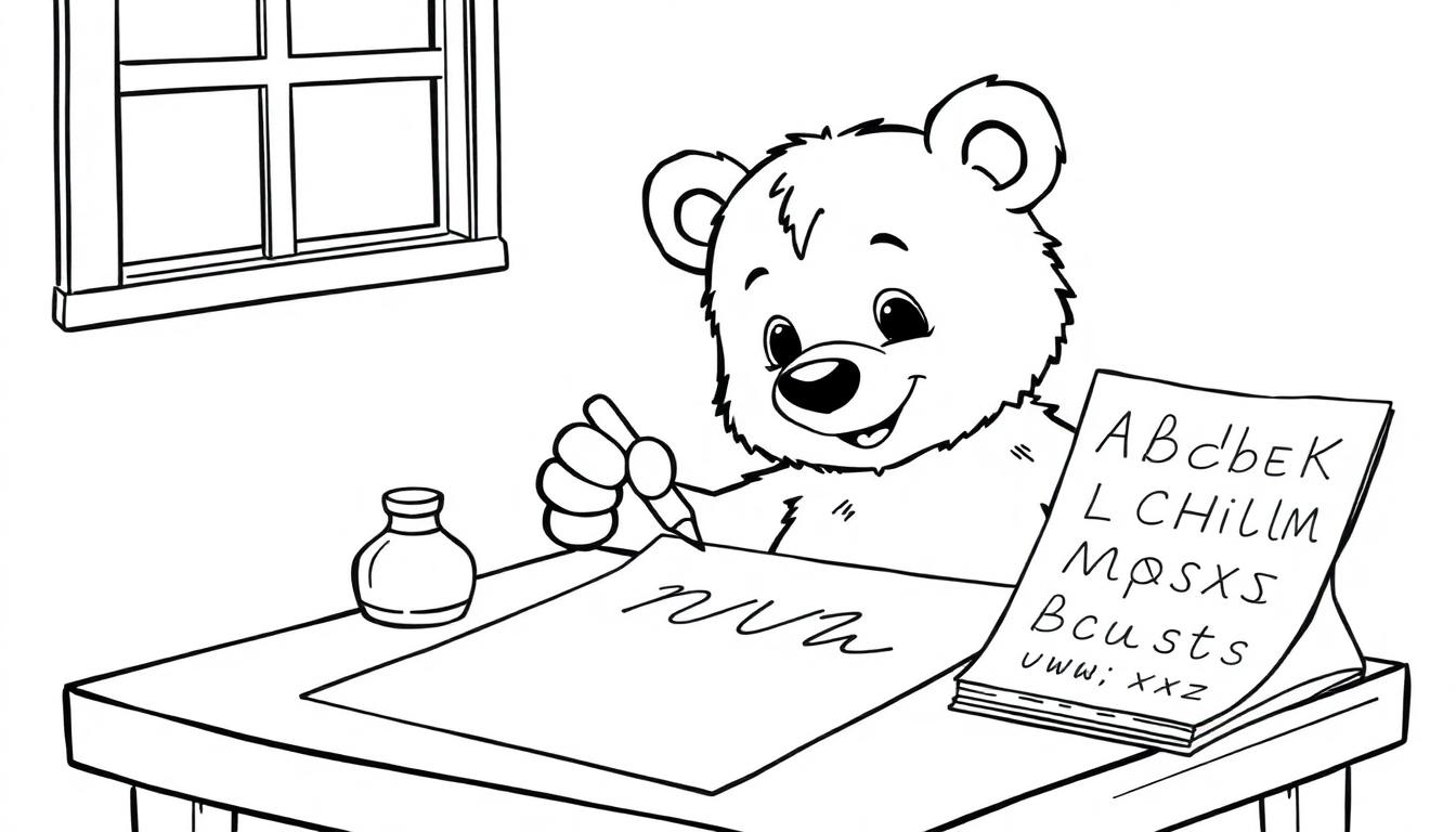 Schwarz-Weiß-Farbtafelzeichnung eines freundlichen Bären, der an einem Tisch sitzt und mit einer Feder schreibt, daneben ein offenes Buch mit Buchstaben und ein Fenster im Hintergrund.