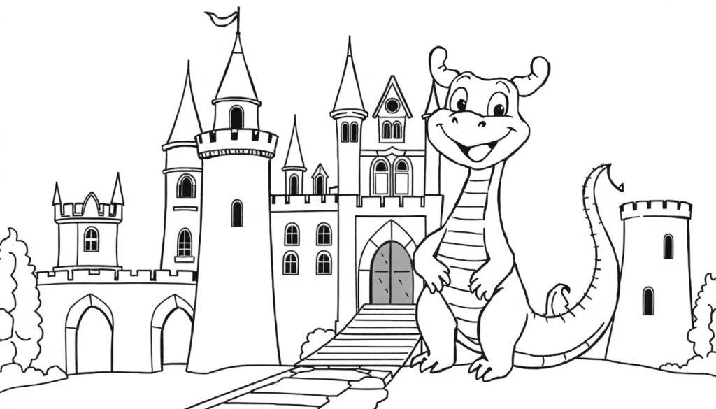 Eine schwarz-weiße Farbtafel-Zeichnung eines freundlichen Drachen, der vor einer Burg mit erhobenen Händen winkt.