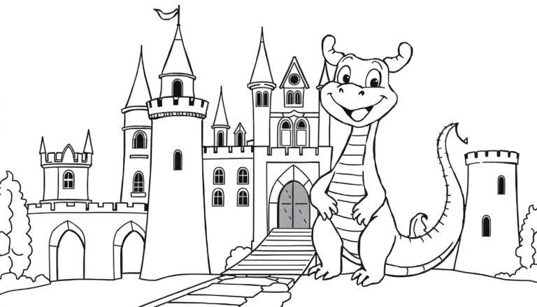 Eine schwarz-weiße Farbtafel-Zeichnung eines freundlichen Drachen, der vor einer Burg mit erhobenen Händen winkt.